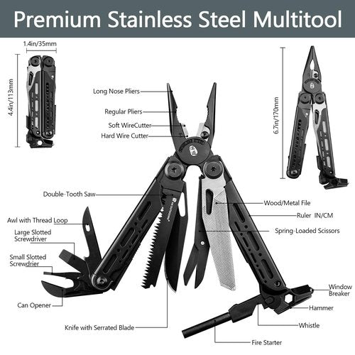 HX OUTDOORS 19 In 1 Pocket Multi Tool, Stainless Steel Multitools Pliers with Fire Starter and Glass Breaker, Folding EDC Camping Survival Tools for Men (Black)