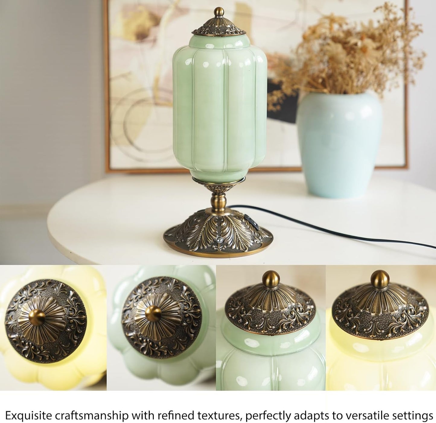 Milk Glass Touch Table Lamp, Elegant Green Jadeite Glass Bedside Desk Lamp 3 Way Dimmable with USB C+A Charging Ports - Bedroom Nightstand & Living Room Essential, 4W Bulb Included (Green, 6.5)