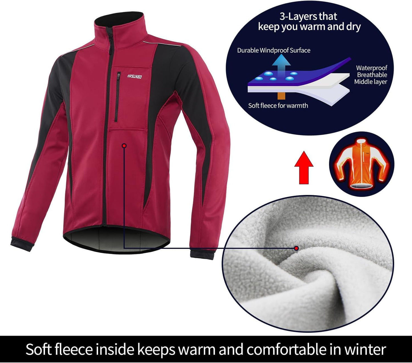 ARSUXEO Winter Warm UP Thermal Softshell Cycling Jacket Windproof Waterproof 15-k