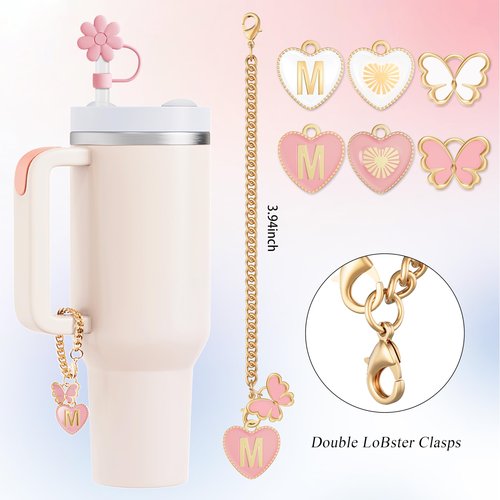 ANLABESY Compatible with Stanley Cup Accessories, 3PCS Hot Pink Straw Toppers for Stanley Cup Straw Cover Cap, 2PCS Cute Letter for 30&40 Oz Tumbler with Handle(A)