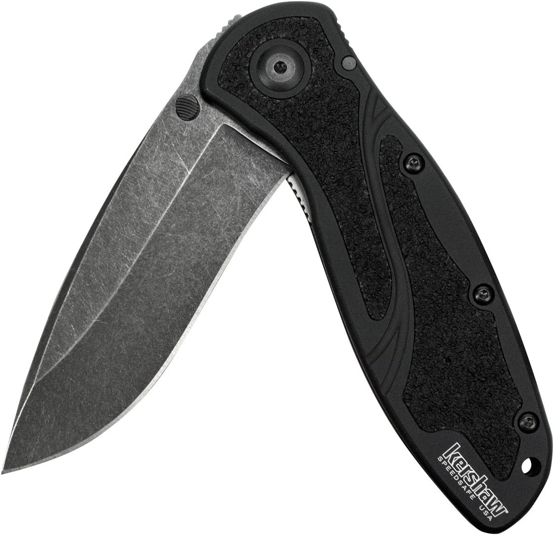 Kershaw Blur Blackwash Folding Knife (1670BW); 3.4 BlackWash 14C28N Steel Blade; Black Anodized Aluminum Handle with Black Textured Trac-Tec Inserts, SpeedSafe Opening, Reversible Pocketclip; 3.9 OZ