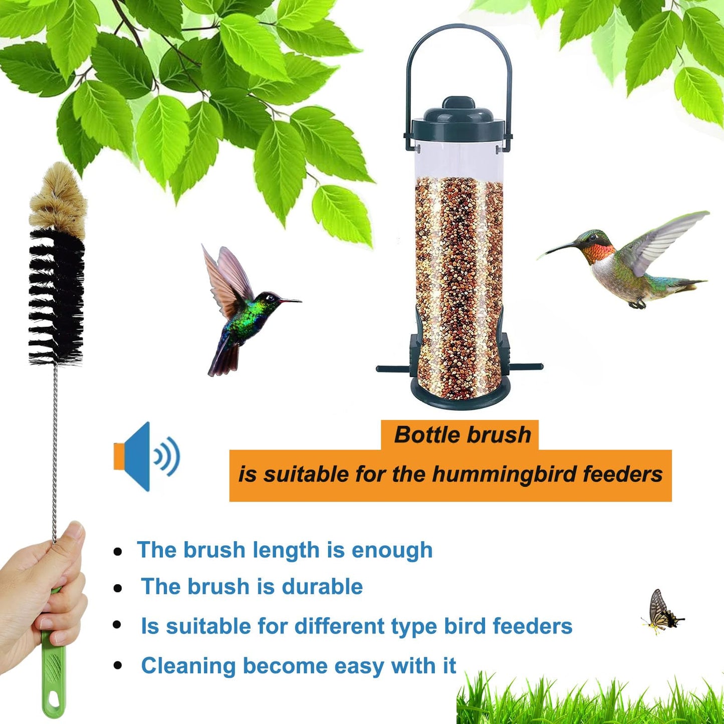 2 Pack 16" Bottle Brush, Dokpod Long Handle Cleaning Brushes for Long Narrow Neck Bottle Cleaning Water Beer Wine Sports Bottle Thermos Flask Bottles Cleaning Hummingbird Feeder Vase Cleaning Brushes