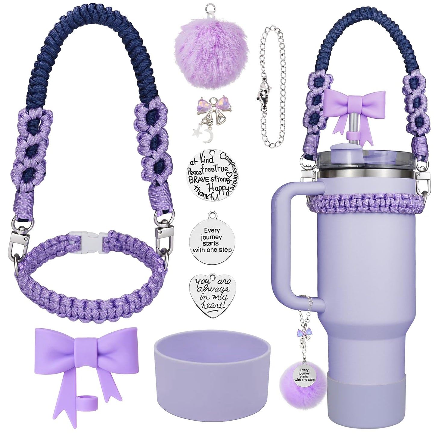 10 Pcs Stanley Cup Accessories Set for 40 oz Tumbler, Stanley Straw Cover Topper, Stanley Boot Strap Holder Lanyard, Fluffy Chain, Inspirational Charms, Gift for women mom (Purple and Royal Blue)