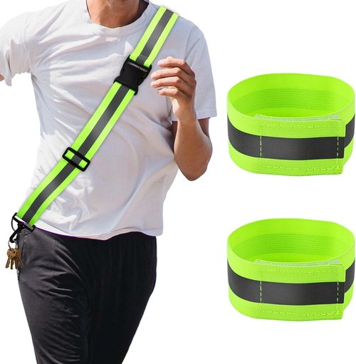 Reflective Vest & Belt Safety Set (4-Piece) – High-Visibility Adjustable Elastic Vest, 360° Glow Belt & 2 Reflective Armbands – Running, Cycling, Walking, Jogging, Outdoor Work