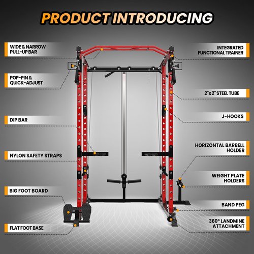 GaveeLife Power Cage, 2000 LBS Power Rack with Cable Cross-Over System, Multi-Functional Strength Training Squat Rack with LAT Pull Down System, Home Gym Equipment with Training Attachment, Red