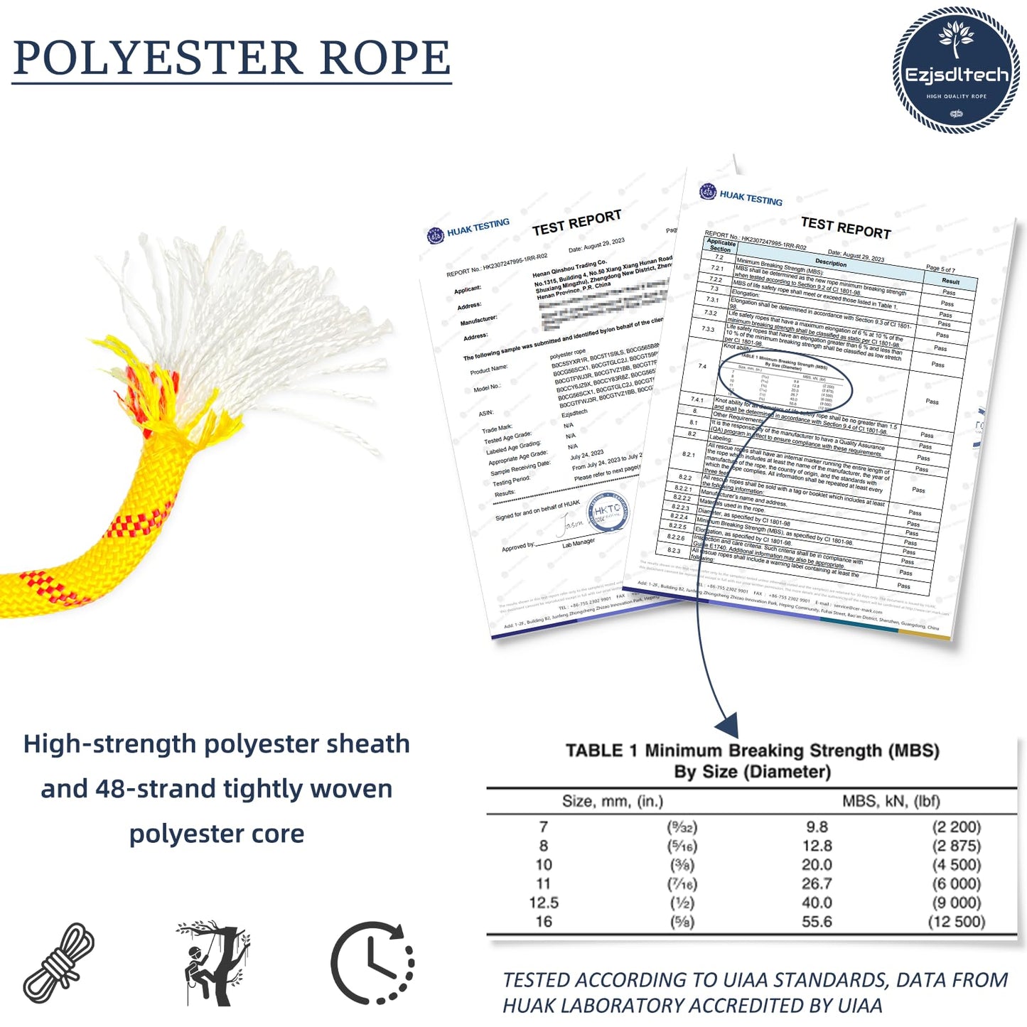Arborist Rigging Rope Bull Rope (1/2 in x 150ft) Polyester Braided Arborist Rope 48 Strands for Various Outdoor Applications Construction Climbing Swing Sailing