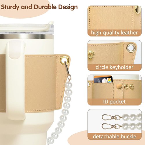 Leather Water Bottle Holder With Imitation Pearl Beads Water Bottle Sling, Compatible with Stanley 30 oz & 40 oz Tumbler with Handle, Water Bottle Carrier with Card Holder,Stanley Accessories