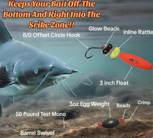 Hungry-Cat Tackle Premium Catfish Ready Rig, 2-Pack, Bright Green/Red, with 3 oz Egg Sinker Weights.