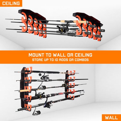 Fishing Rod Holders, Fishing Pole Holders for Garage, Wall or Ceiling Mounted Fishing Rod Rack Holds Up to 10 Rods(1 Pack)