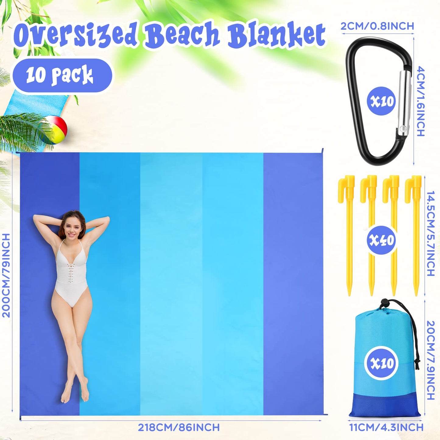 10 Pack Beach Blankets Sandproof 78 x 82 Inch Bulk Large Waterproof Beach Mat for 1-6 Adults Oversized Sand Free Beach Blanket with Stakes Climbing Hook Storage Bags for Travel Camping Picnic Hiking