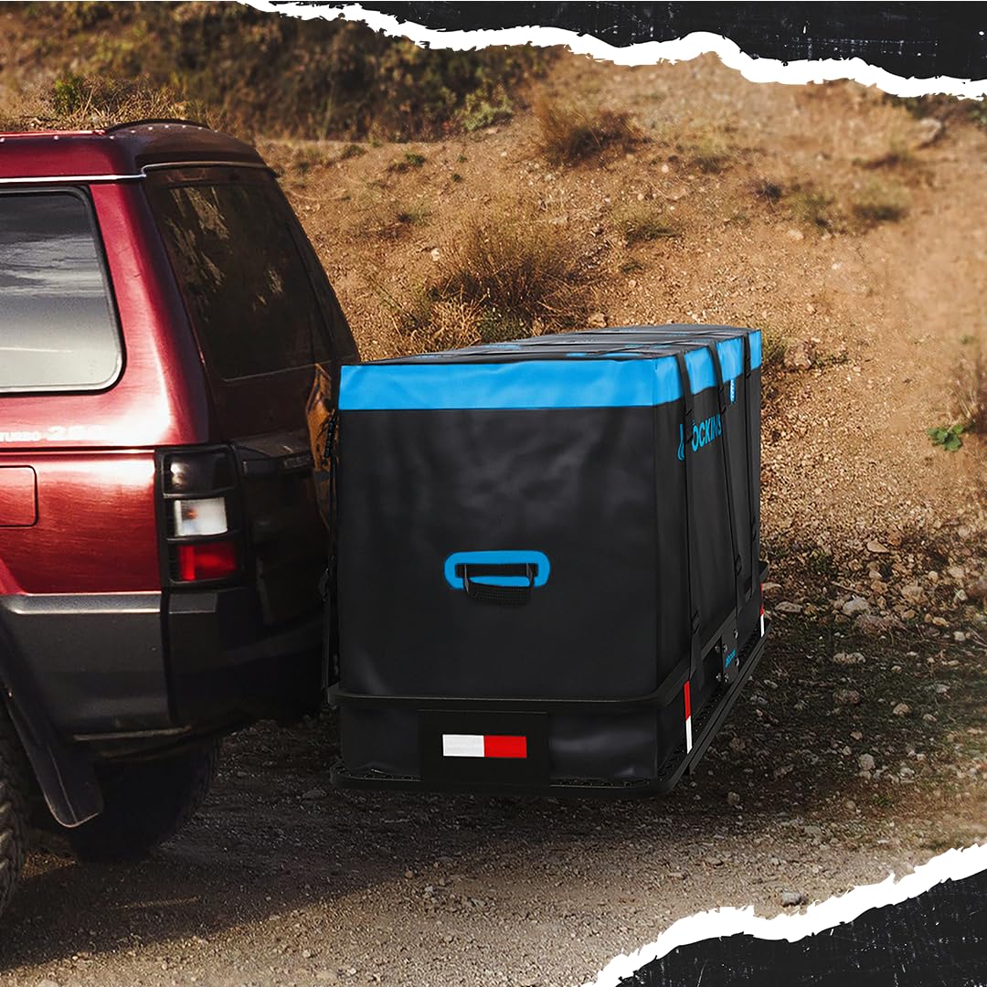 Mockins 25 CuFt Large Trailer Hitch Cargo Carrier Bag | 60"x24"x31" All Weather Cargo Bag for Hitch Carrier | Waterproof Luggage Bag for Truck Bed Storage | Vehicle Soft Shell Carriers w/Accessories