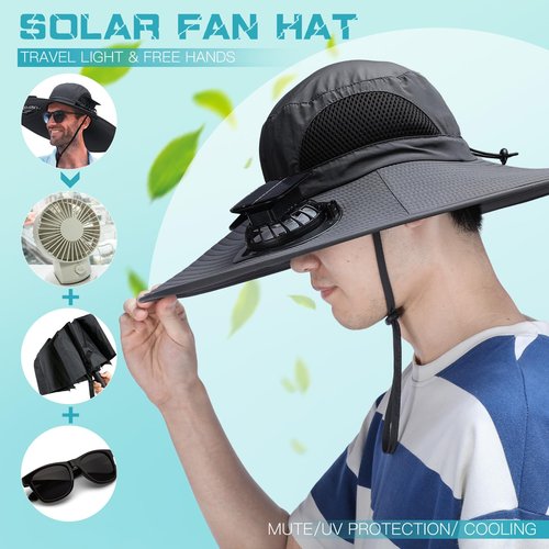 Berlune Men Sun Hat with 2 Solar Fan Fishing Wide Brim Sun Hat for Beach Outdoor Summer Camping, USB & Solar Powered(Dark Gray,Simple)