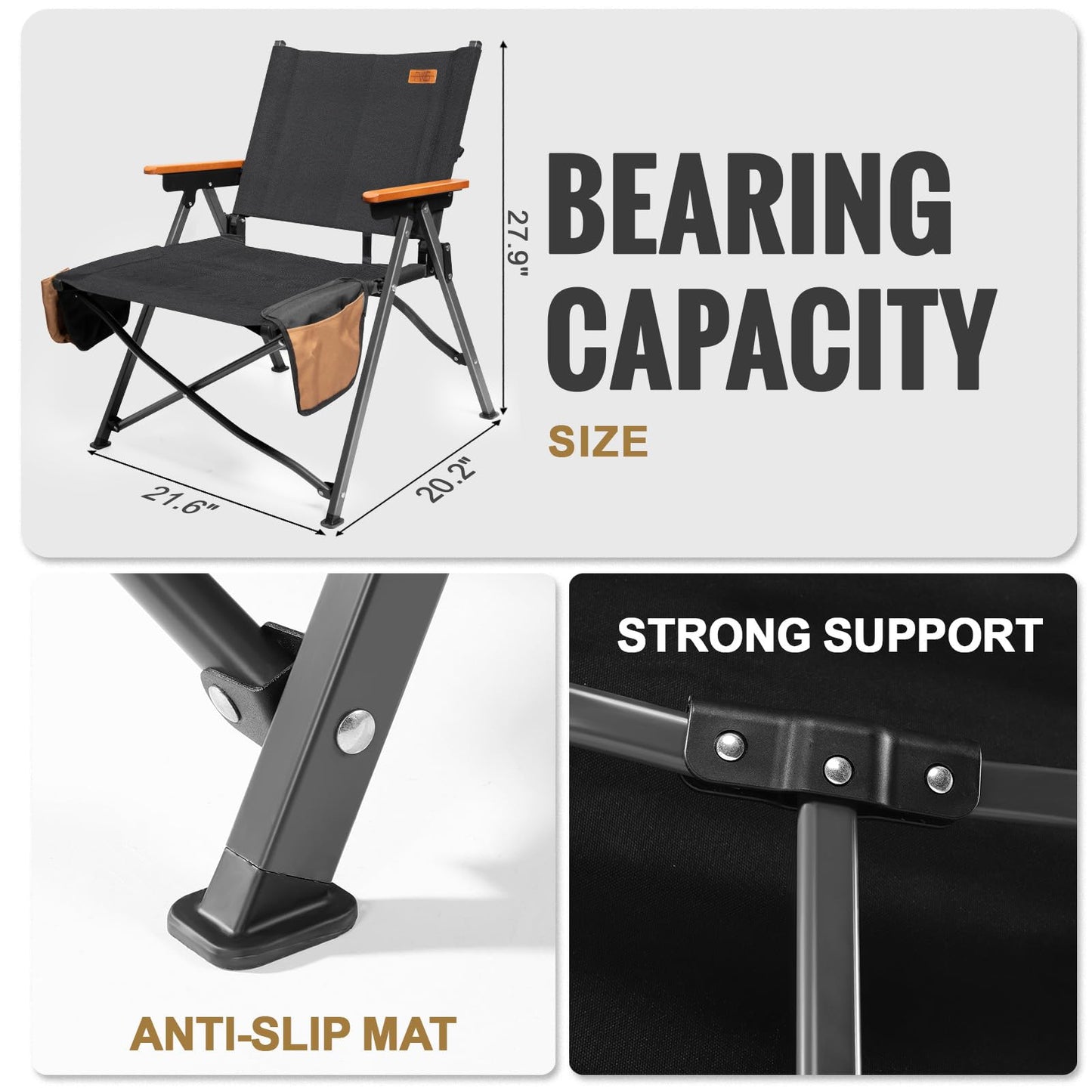 FEIWOOD GEAR Folding Camping Chair, Lightweight Portable Chair Wood Armrest with Side Pockets, Cup Holder for Camping, Picnic, Concert, Beach, Fishing, Outdoor