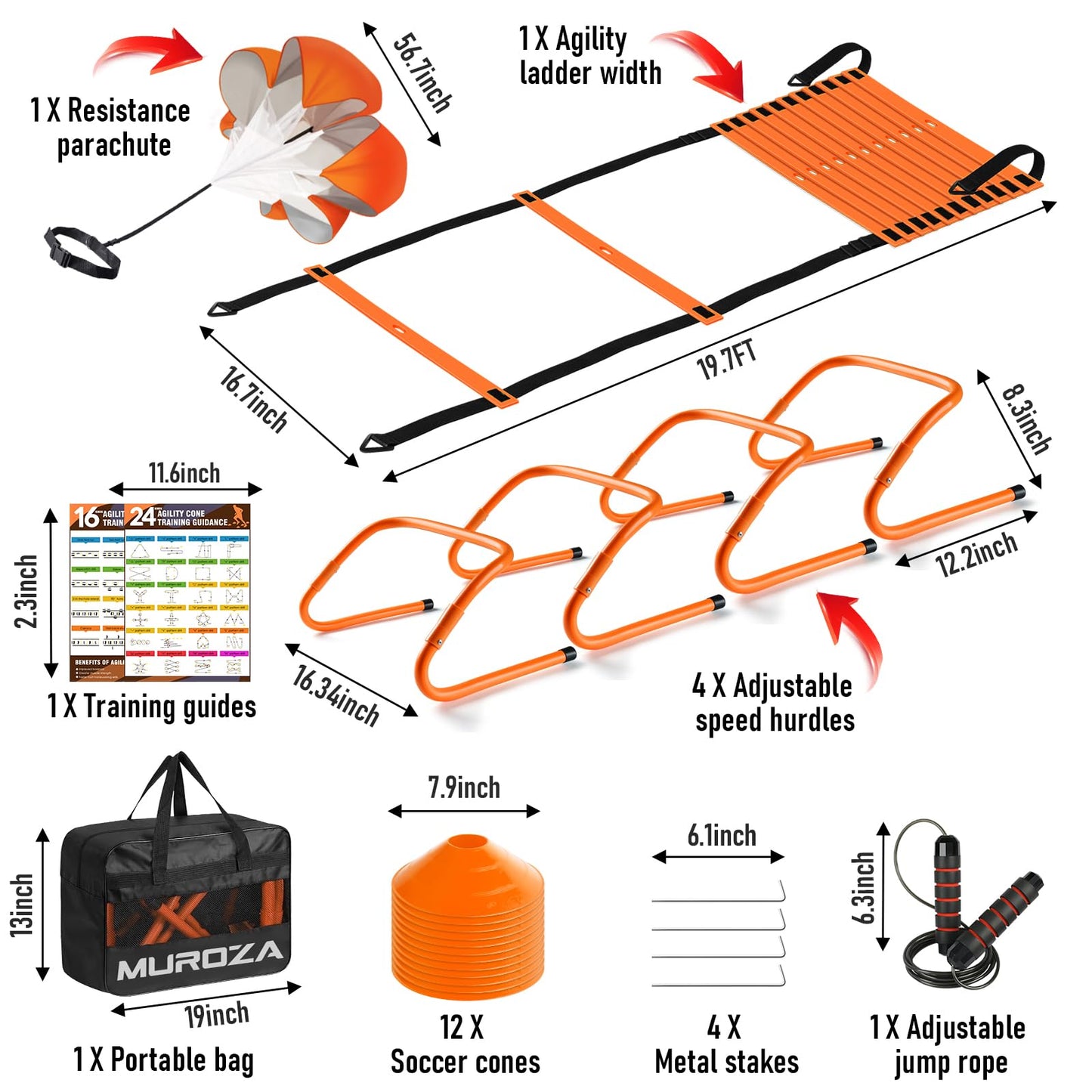 Agility Ladder, Speed Training Equipment Set, 20ft Agility Ladder, 12 Soccer Cones, 4 Hurdles, Jump Rope, Running Parachute, Basketball Football Soccer Training Equipment for Kids, Youth, Adults