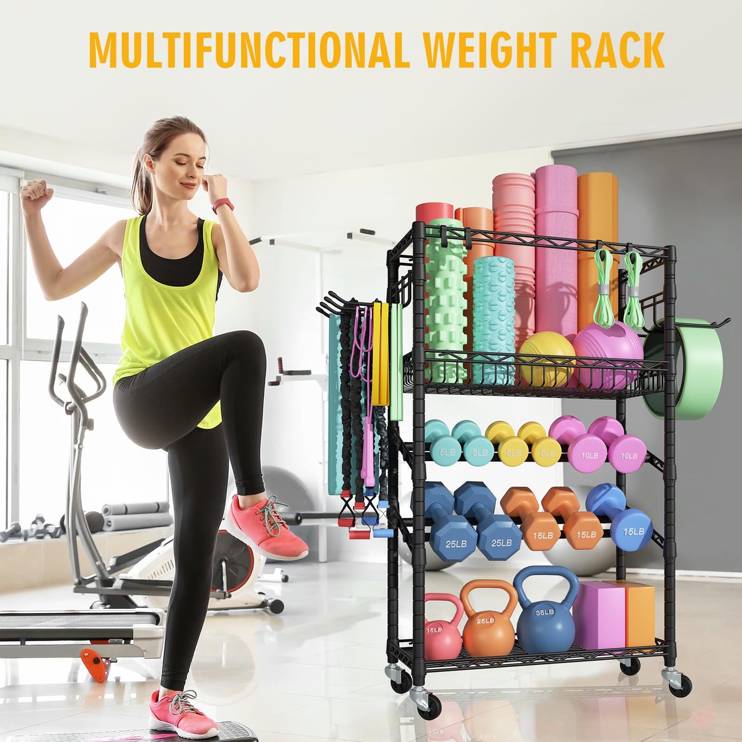 FUTASSI S3 Dumbbells Rack Storage Rack, Rolling Home Gym Weight Organizer Rack, Yoga Mat Storage and Workout Equipment Organizers for Gym Studio, Max Load 500 LBS, 34.6"W x 11.8"D x 48.6"H, Black