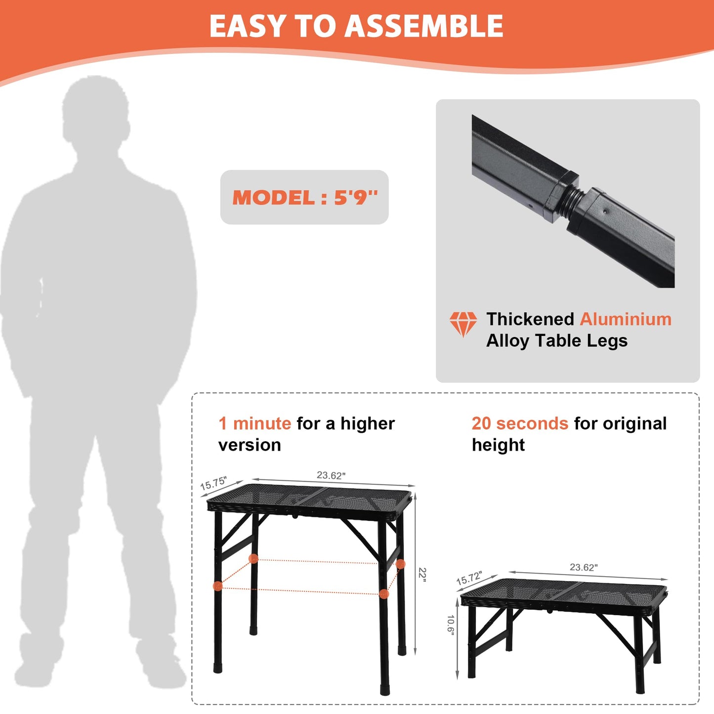 GREGIN Camping Table with Mesh Desktop, Lightweight & Portable Small Folding Grill Table, Height Adjustable Metal Outdoor Table for Camp, Cooking, BBQ, RV, Picnic-2 FT Black