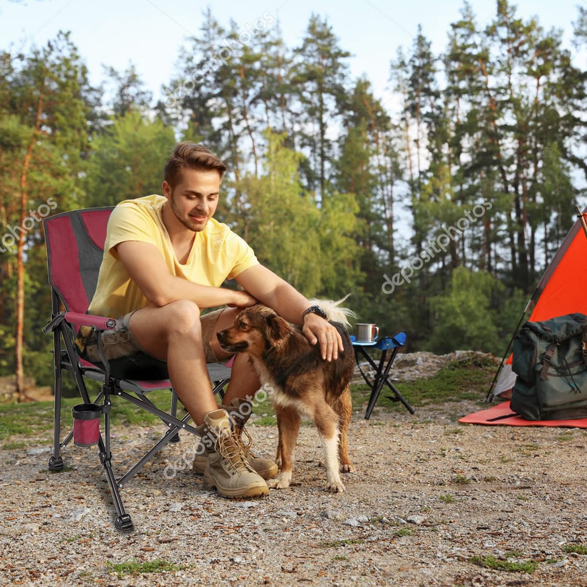 Backyard Expressions Luxury Heated Portable Camp Chair - Red/Grey - Great for Camping, Sports and The Beach