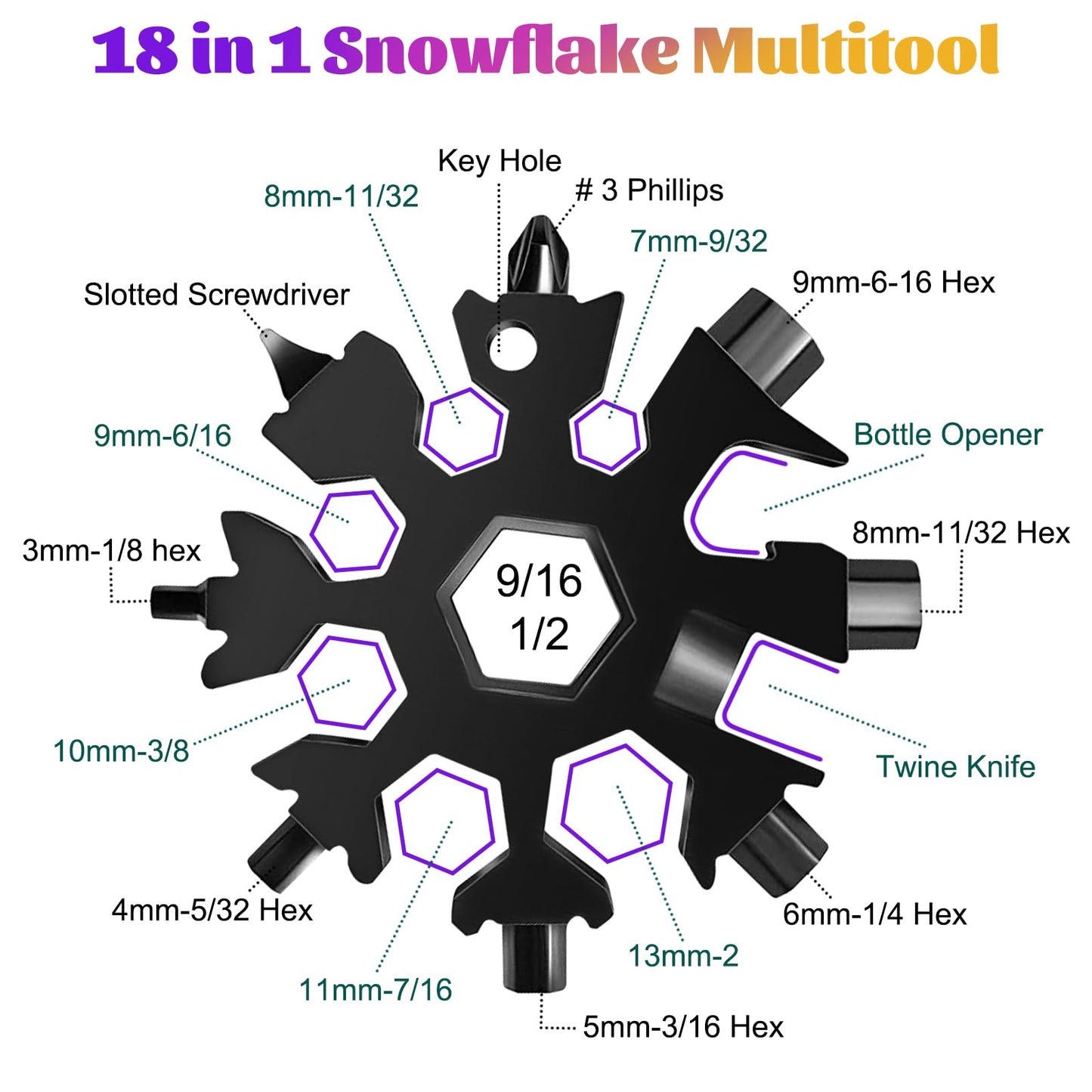 18-in-1 Snowflake Multitool Gifts for Men, 9 Pack Stainless Steel Snowflake Multi-Tool Christmas Stocking Stuffers Gifts for Men (Black)