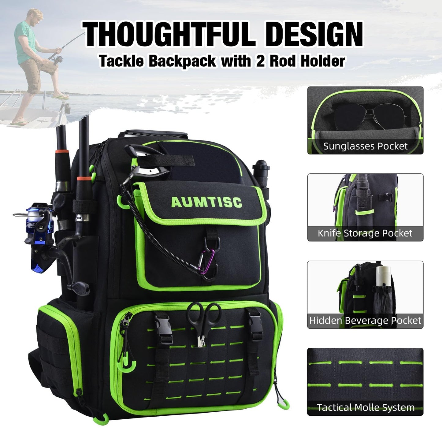 AUMTISC Fishing Tackle Bag Backpack with 2 Rod Holders, 4 Tackle Boxes, Rain Cover & Small Insulated Bag, Large Fishing Backpack for Fish Gear & Equipment