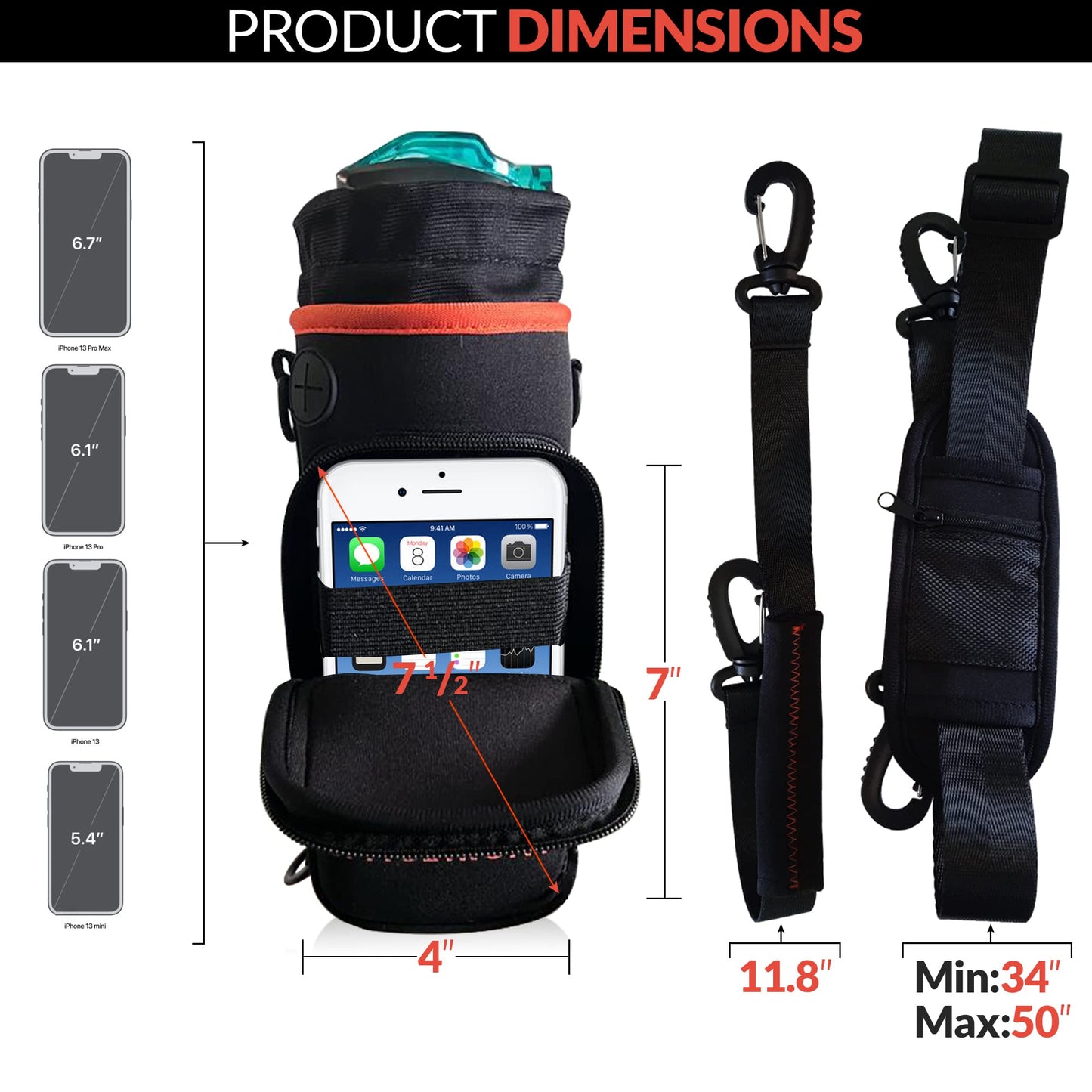 32oz Motivational Water Bottle - Neoprene Water Bottle Sleeve for Running/Hiking - Water Bottle Holder with Straps for Shoulder/Crossbody Pockets for Phone/Keys/Cards, Perfect for outdoor activities.
