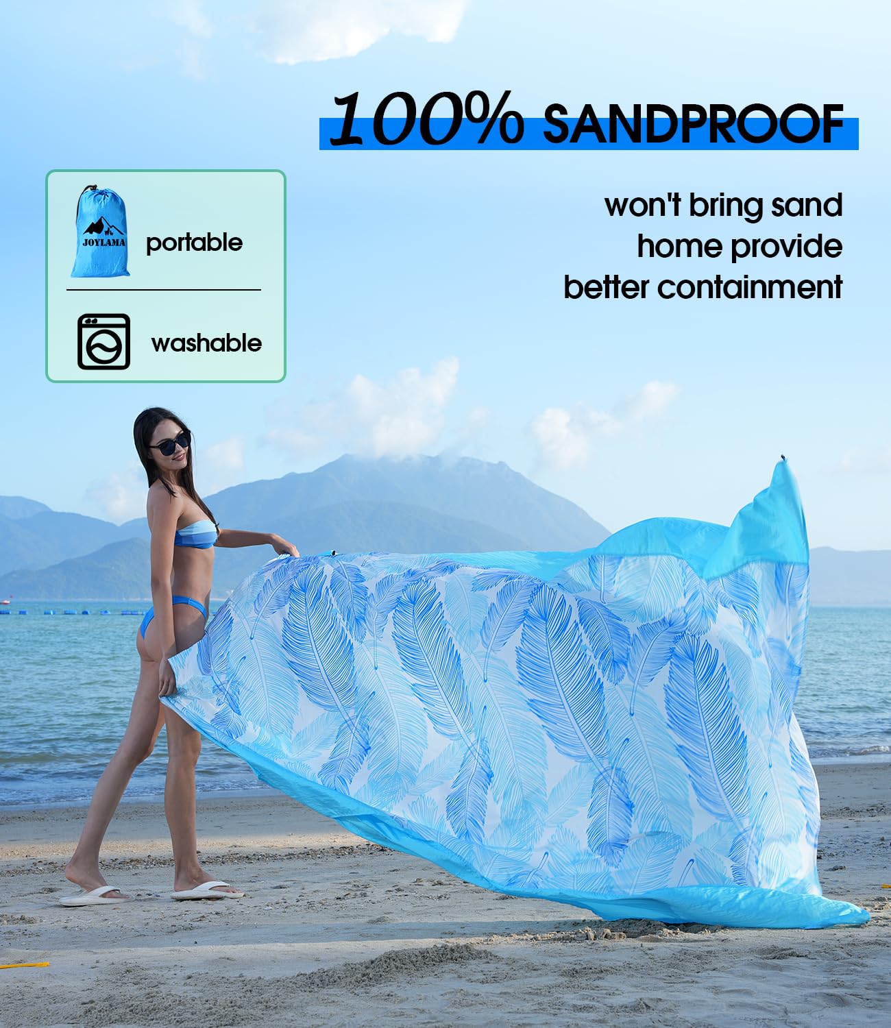JOYLAMA Beach Blanket Sandproof,Waterproof Beach Mat for Kid Pool, Outdoor Blanket for Beach, Vacation, Picnic Bkanket with Portable Bag, 4 Stakes & 3 Water Bag for 1-5 People(Large)