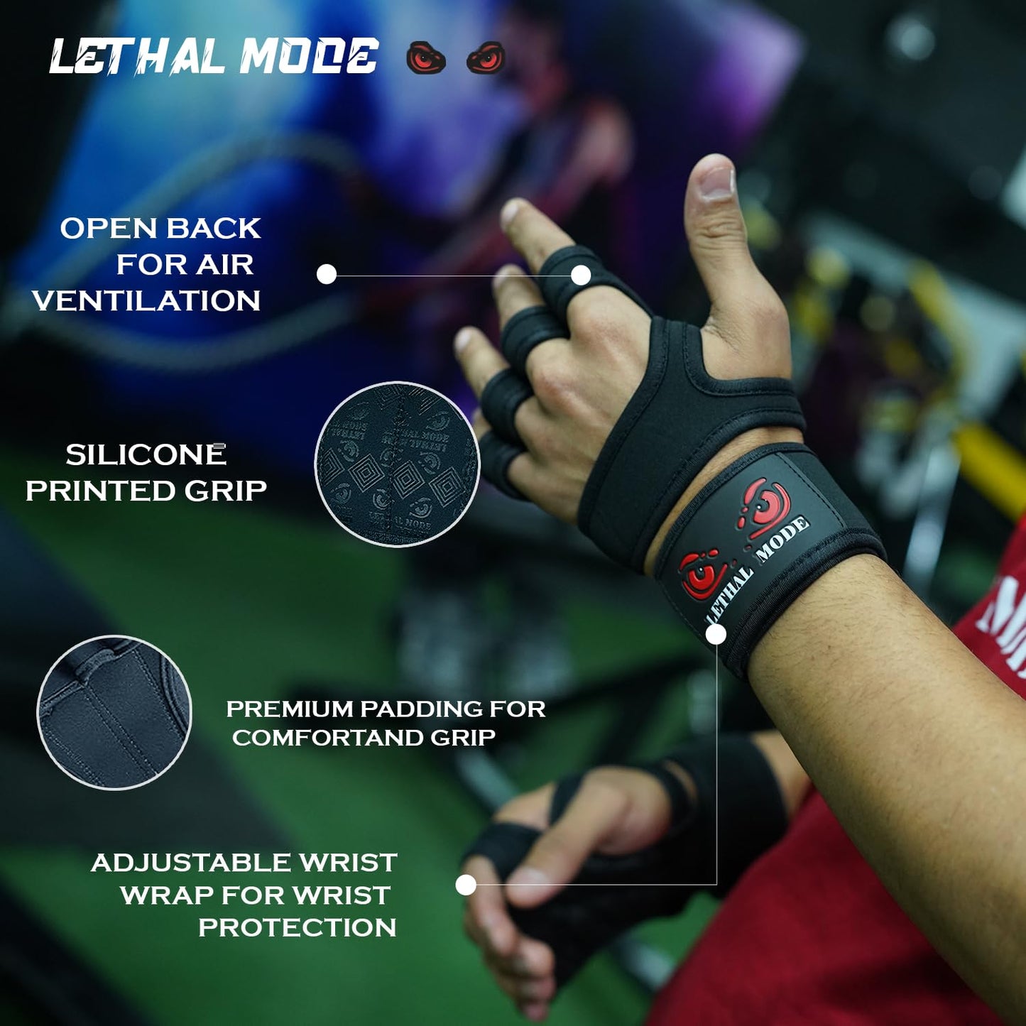 LETHAL MODE Workout Gloves for Men & Women – Fingerless Weight Lifting Gloves with Wrist Support for Gym, Crossfit, and Exercise – Durable Grip for Weightlifting, Cycling & Training (D1, X-Large)