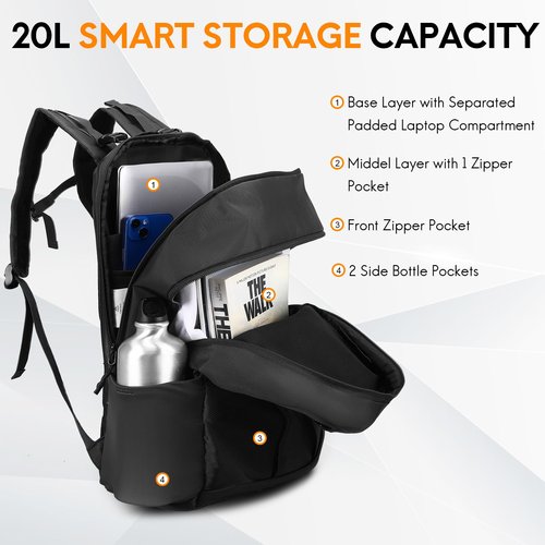 Haimont Small Travel Backpack Hiking Outdoor Everyday Daypack with 3 Compartments Men Women Water Resistant Bag for Casual,Commuter, Solid Black