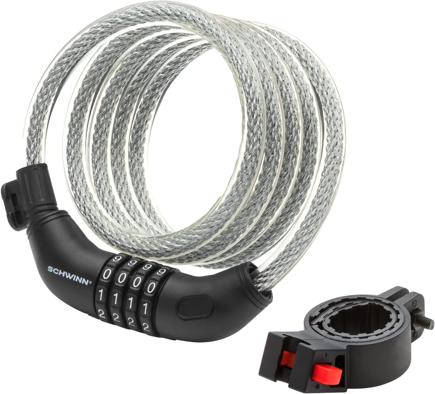 Schwinn Bike Combination Cable Lock, 6 ft x 12 mm, Black & Silver, Durable Steel, Vinyl Cover, Carrying Bracket for Storage and Transport, Anti Theft Protection, Bike Lock Cable for Security