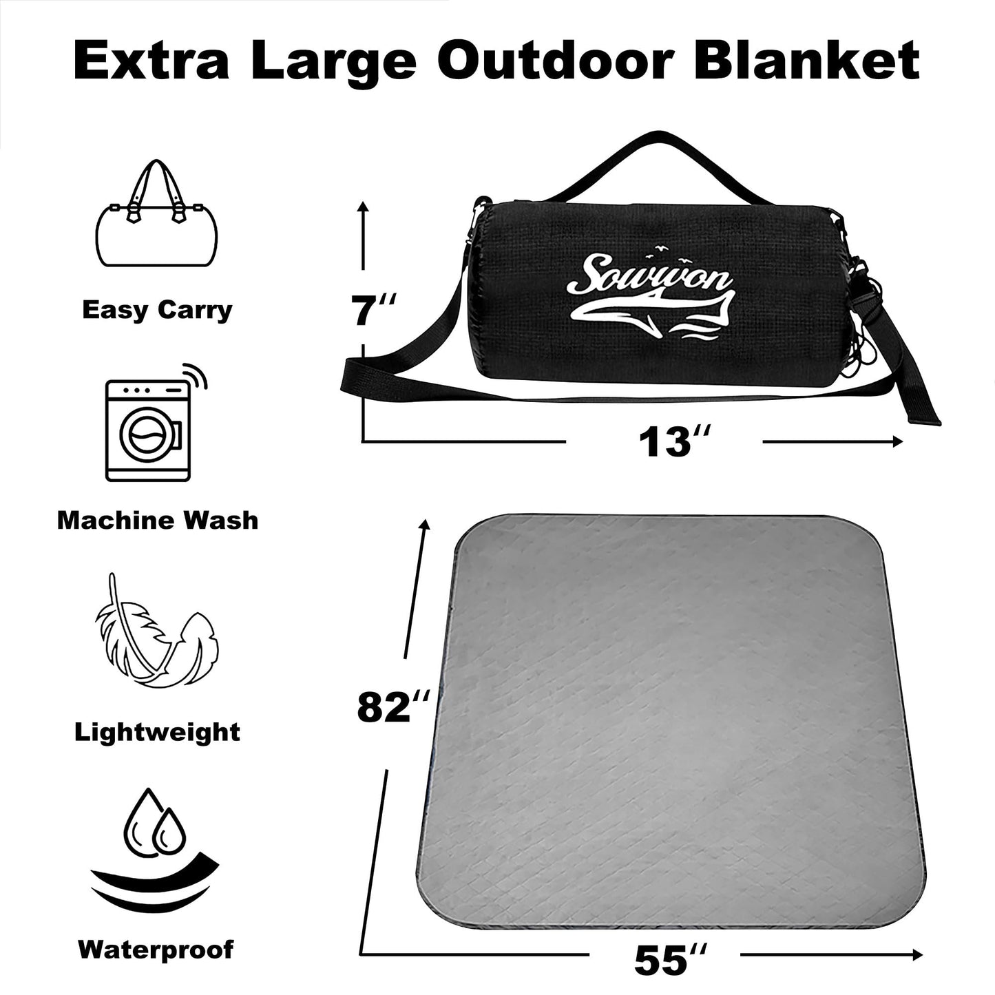 Waterproof Outdoor Blanket 82”X 55” Packable, Stadium Blankets for Camping with Fleece Lining, Large Windproof Emergency Throw Mat for Garss Picnic Hiking Road Trip, Machine Washable, Black 280GSM