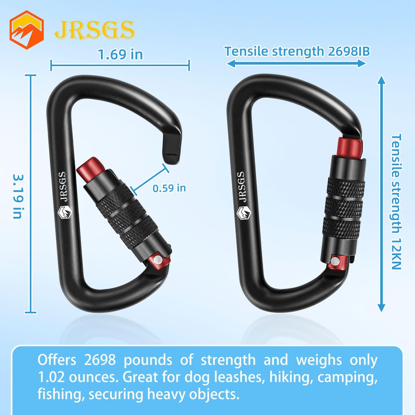 JRSGS Heavy Duty Locking Carabiner Clip 12KN Auto Locking Carabiner 7075 Aluminum Material, Lightweight and Strong, Easy to Carry, Suitable for Hiking, Hammock, Suspension, Gym, Keychain, Dog Leash.