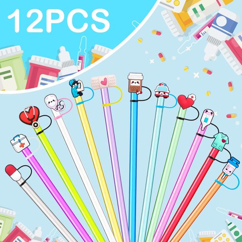 Nurse Straw Covers Cap 12 Pcs for Stanley Cup 30&40 Oz, Tumbler, Water Bottle Silicone Straw Toppers Fit 10mm Reusable Straws, Cute Nurse Gifts