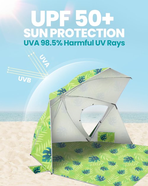 OutdoorMaster Pop Up Beach Umbrella, Portable Tent Shelter, Beach Shade Sun Canopy with UPF 50+ UV Protection, Extendable Floor with Carrying Bag - Golden Amber
