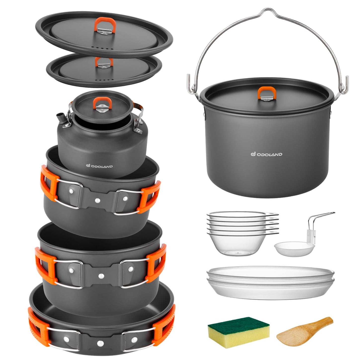Odoland 18pcs Camping Cookware Large Size Hanging Pot Pan Kettle Set with Plastic Plates Bowls Soup Spoon for Camping, Backpacking, Outdoor Cooking and Picnic