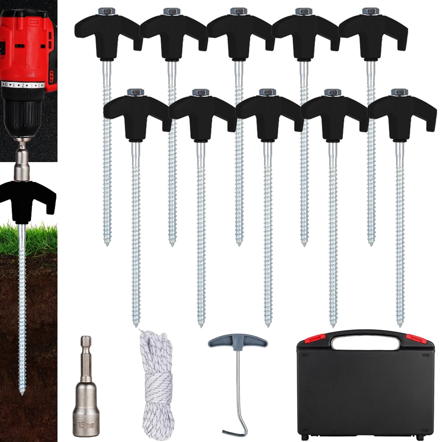 10PCS Screw in Tent Stakes Heavy Duty,8 Inch Screw in Tent Pegs,Metal Camping Stakes,with Hex Head Driver,Nail Lifter,Ropes,Camping Tent Accessories,Black