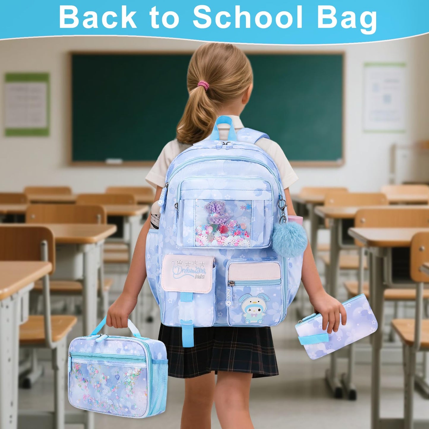 Youngsing Girls Backpack Set 3 IN 1,Cute Rainbow Kids Backpack with Insulated Lunch Box Pen Case Set Student School Bag(Pink-3 pieces set)
