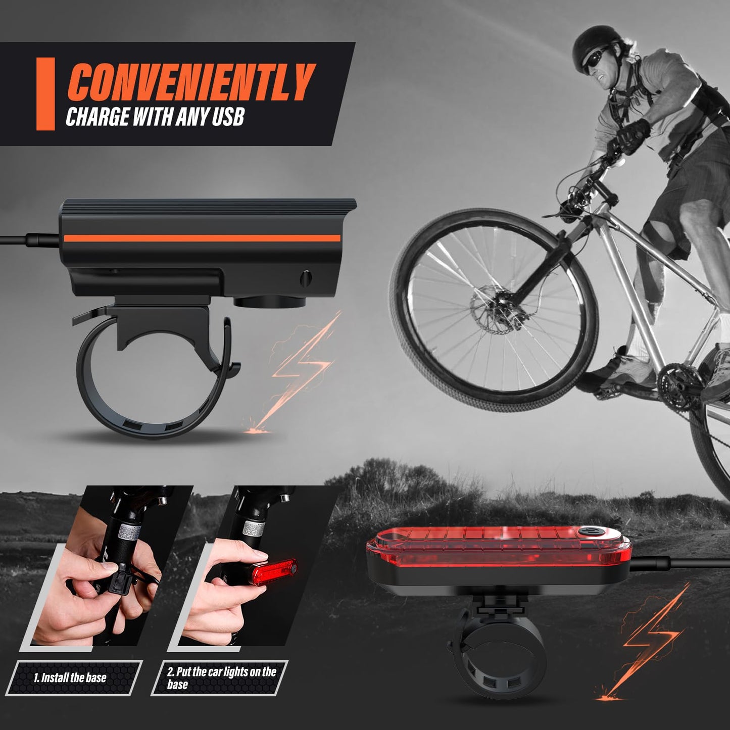 KUNHAK® Rechargeable Bike Lights, Ultra Bright Bike Lights for Night Riding, Road Mountain Bike Accessories for Kids Adults - Headlight with Tail Light