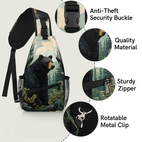 TropicalLife Black Bear Forest Animals Sling Backpack Women Men Crossbody Sling Bag Small Shoulder Chest Bag Daypack Fanny Pack for Travel Hiking Sport