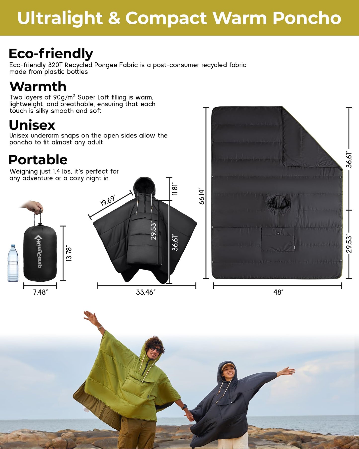KingCamp Camping Blanket Poncho, Wearable Honcho Hoodie Reversible Cape Windproof Water-Repellent Recycled Ponchos with Snap Buttons for Outdoor Hiking Stadium Travel Black, 66" x 48"