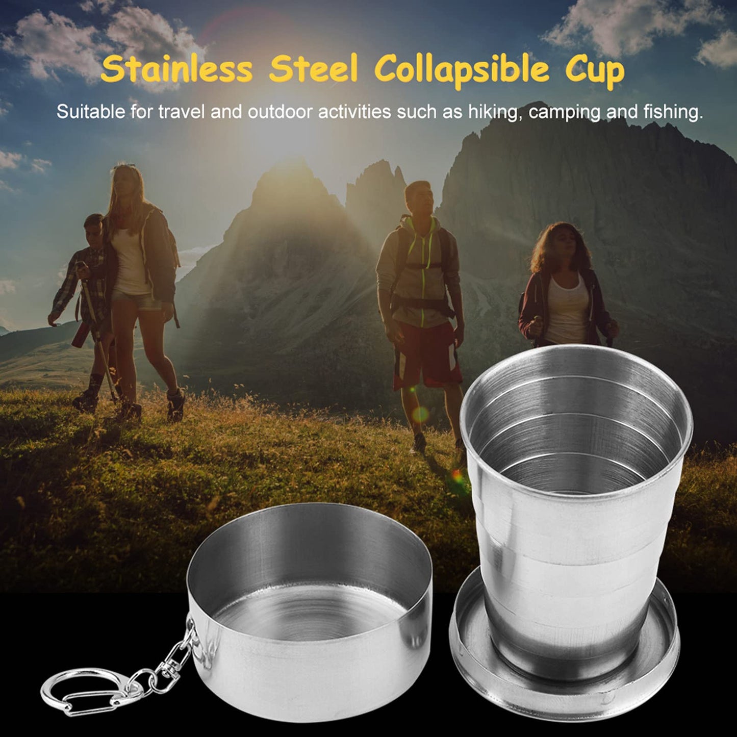 Stainless Steel Collapsible Cup, Camping Folding Cup Retractable Travel Mug with Lid Keychain Portable Drinking Outdoor Demountable Stackable Expandable Protective Cap for Hiking Picnic Coffee(S)