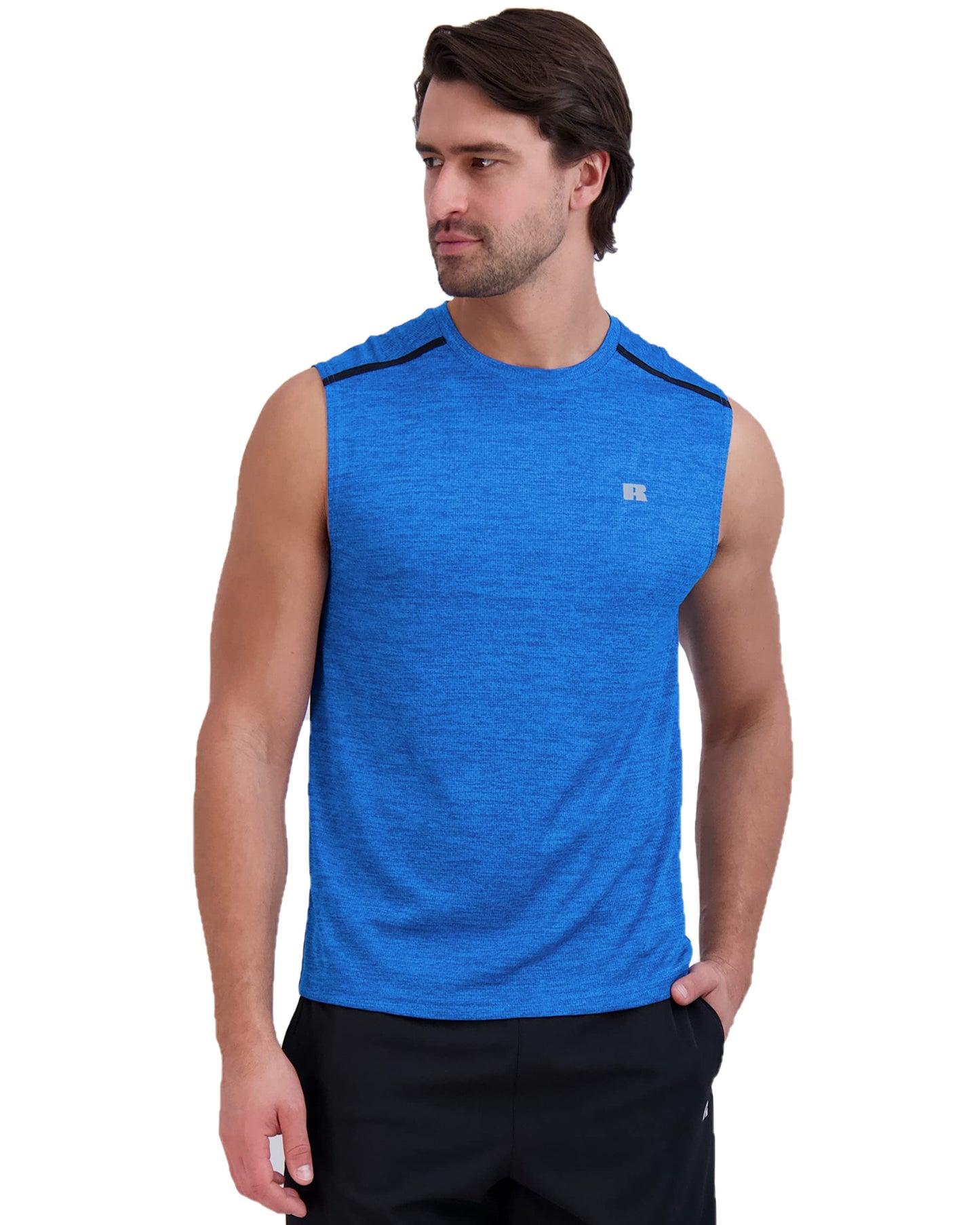 Russell Athletic Mens Dri-Power Space-Dye Short Sleeve Crew Neck Performance Muscle Tee, Aster Blue, S