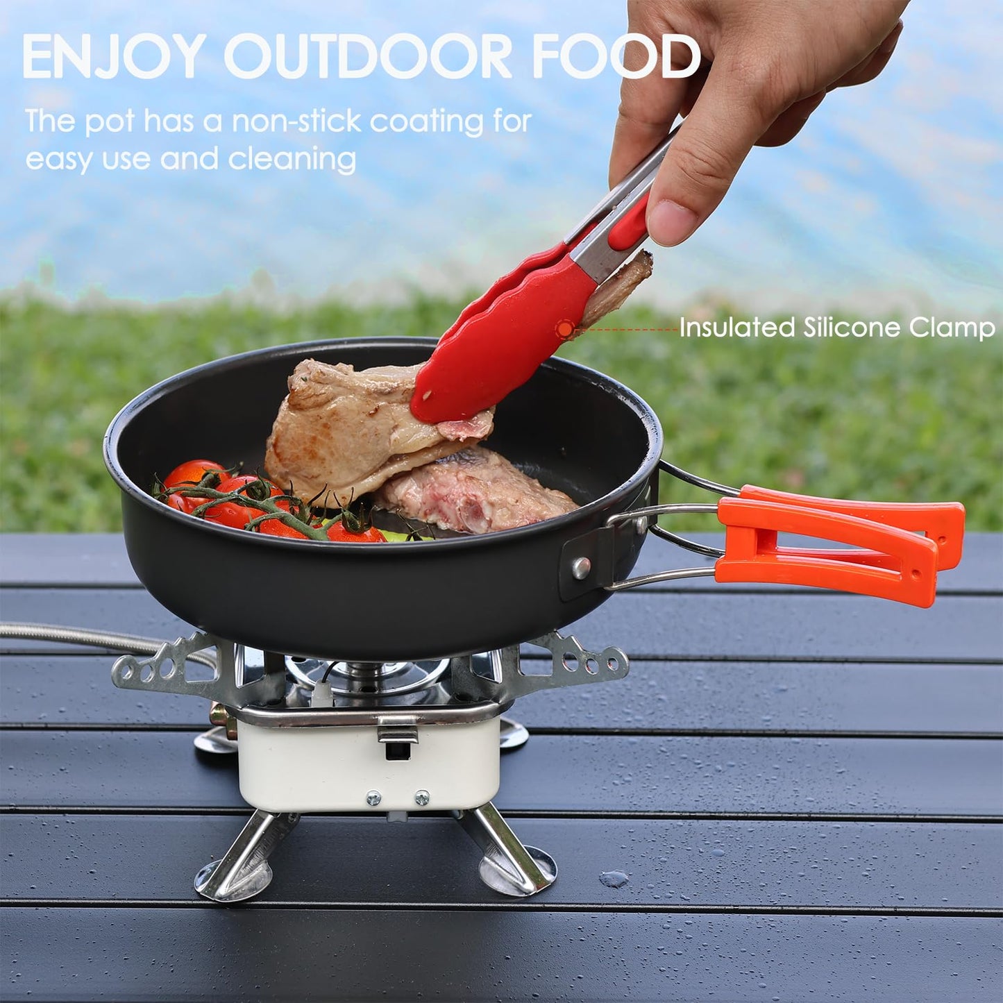 JUSFANE 20Pcs Camping Cookware Mess Kit, Non-Stick Lightweight Camping Pots and Pans with 1.1L Kettle, 2 Set Stainless Steel Cups Plates Forks Knives Spoons for Backpacking, Hiking, Outdoor Cooking