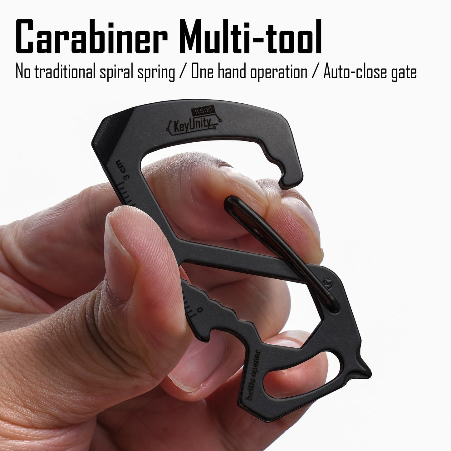 KeyUnity KS00BK Carabiner Clip Multitool Stainless Steel 7 Tools in 1, Quick Release Clasp, Wrench, Cross Screwdriver, Slotted Screwdriver, Bottle Opener, Ruler, Key Holder (PVD Black)