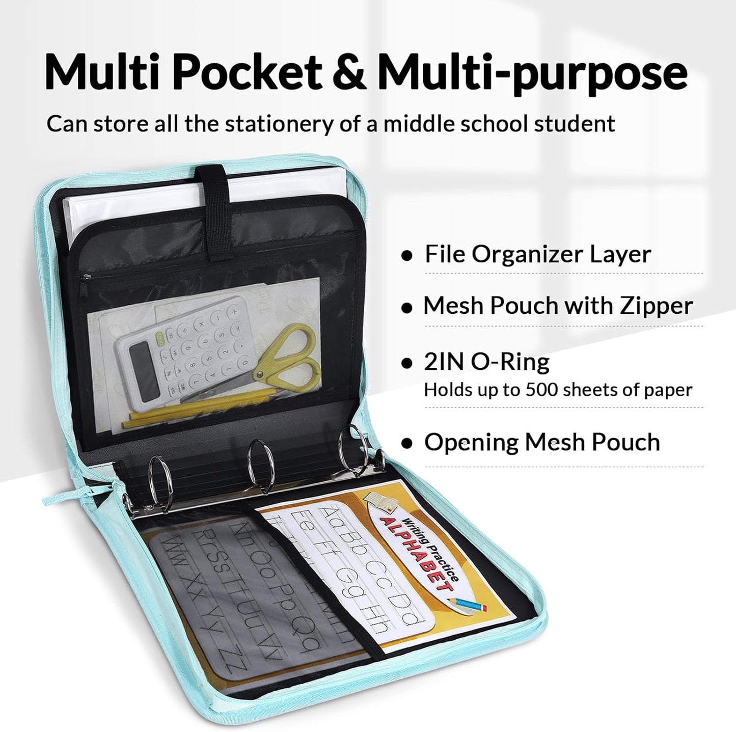 SUNEE Zippered Binder Bag with Handle, 2-Inch 3-Ring O-Ring, 500-Sheet Capacity, Includes Zip Pocket, 5-Tab Expanding File Folder, Multi-Pocket Organizer Binder for Middle School, Pink Lotus