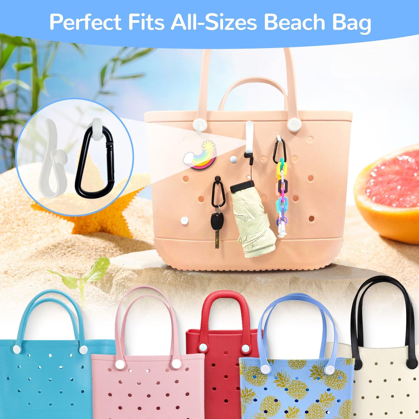 4Pcs Hooks Set Accessories Compatible for Bogg Bag, Insert Carabiner Key Chain Holder Charms, Compatible for Small & Large Beach Bags