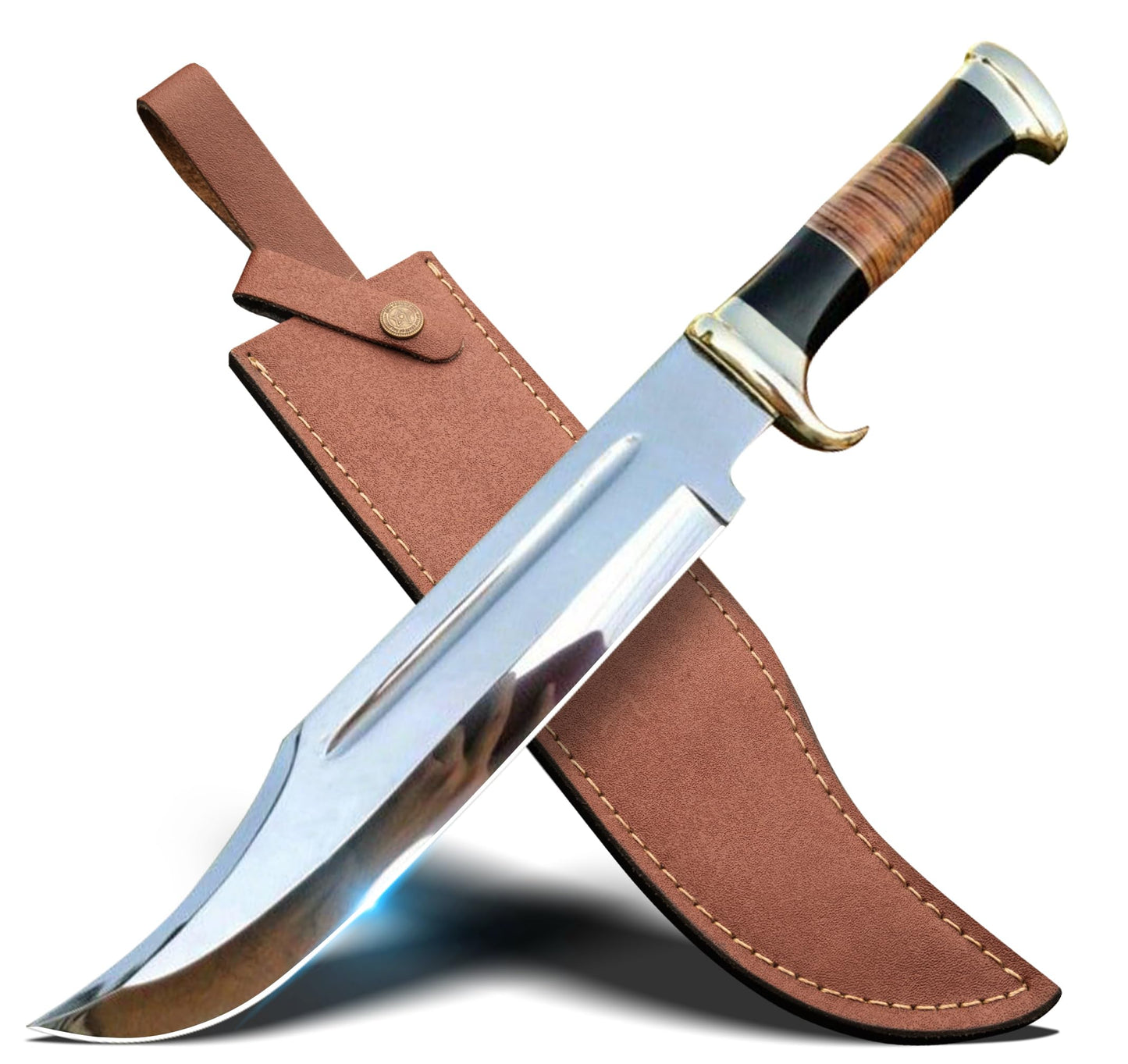 WARIVO KNIFE D2 18 Inches Large Crocodile Dundee Bowie Knife with Leather Sheath Big Survival Fixed Blade Knife with Leather and Horn Handle for Outdoor Camping Knives For Men