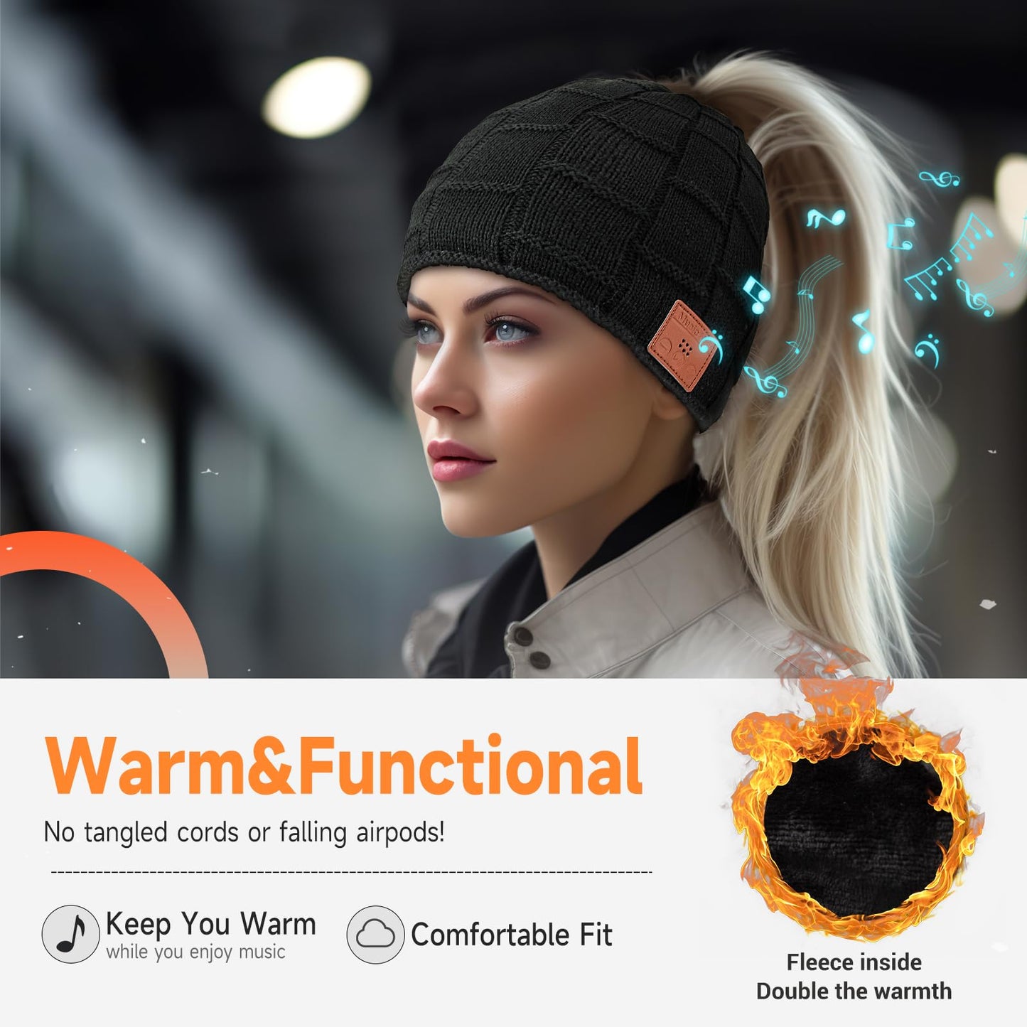 Bluetooth Beanie for Women with Ponytail Hole Wireless Knitted Beanie Hat with Bluetooth Headphones Built in Microphone, Winter Warm Hat Stocking Stuffers Black