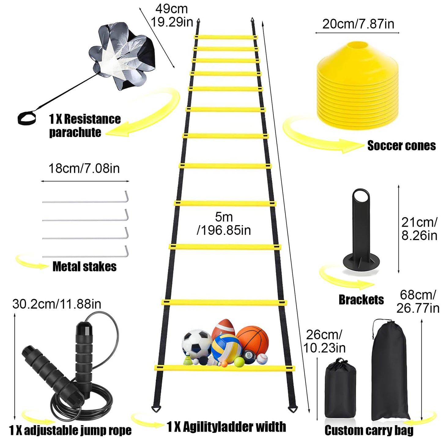 Agility Ladder,Speed Training Equipment Set,20ft Rungs Speed Ladder,Soccer Cones,Jump Rope, Running Resistance Umbrella,Basketball Equipment Football Fitness Training Equipment for Kids Youth Adults