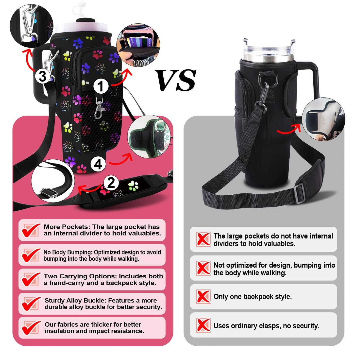 40 oz Tumbler Carrier with Strap Water Bottle Holdeand 30oz Tumbler Carrier with Strap Bottle Holder Dog Paw Stanley Cup Purse Accessories for Hiking Travelling Camping 3 Pockets to Hold More