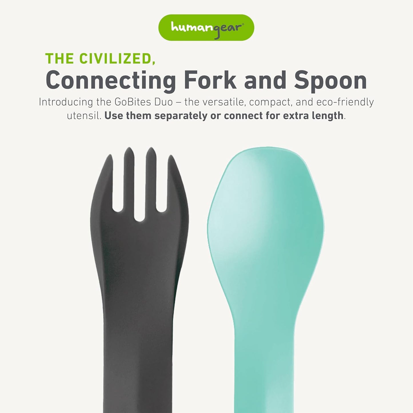 humangear GoBites Duo and Bio Duo Travel Silverware, Full Size Portable Fork & Spoon, Reusable Utensil Set, PC and BPA-free, Food-Safe Nylon or Plant-Based Resin, Extended - 9.1” X 1.6”