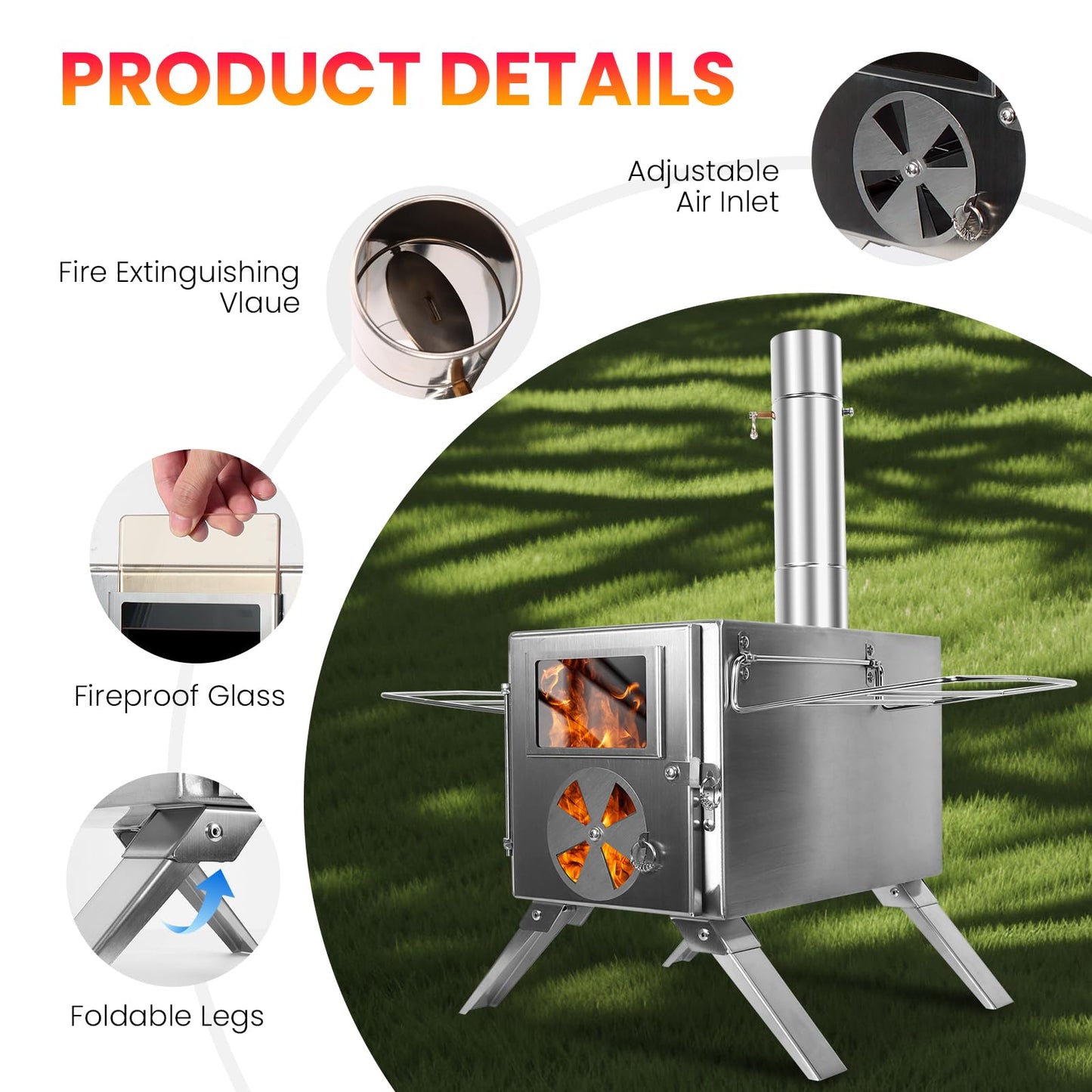 LAMA Stainless Steel Hot Tent Stove - Wood Burning Stove with 6 Chimney Pipes for Tents, Camping, Fishing & Hunting - Portable Outdoor Heating & Cooking, Silver